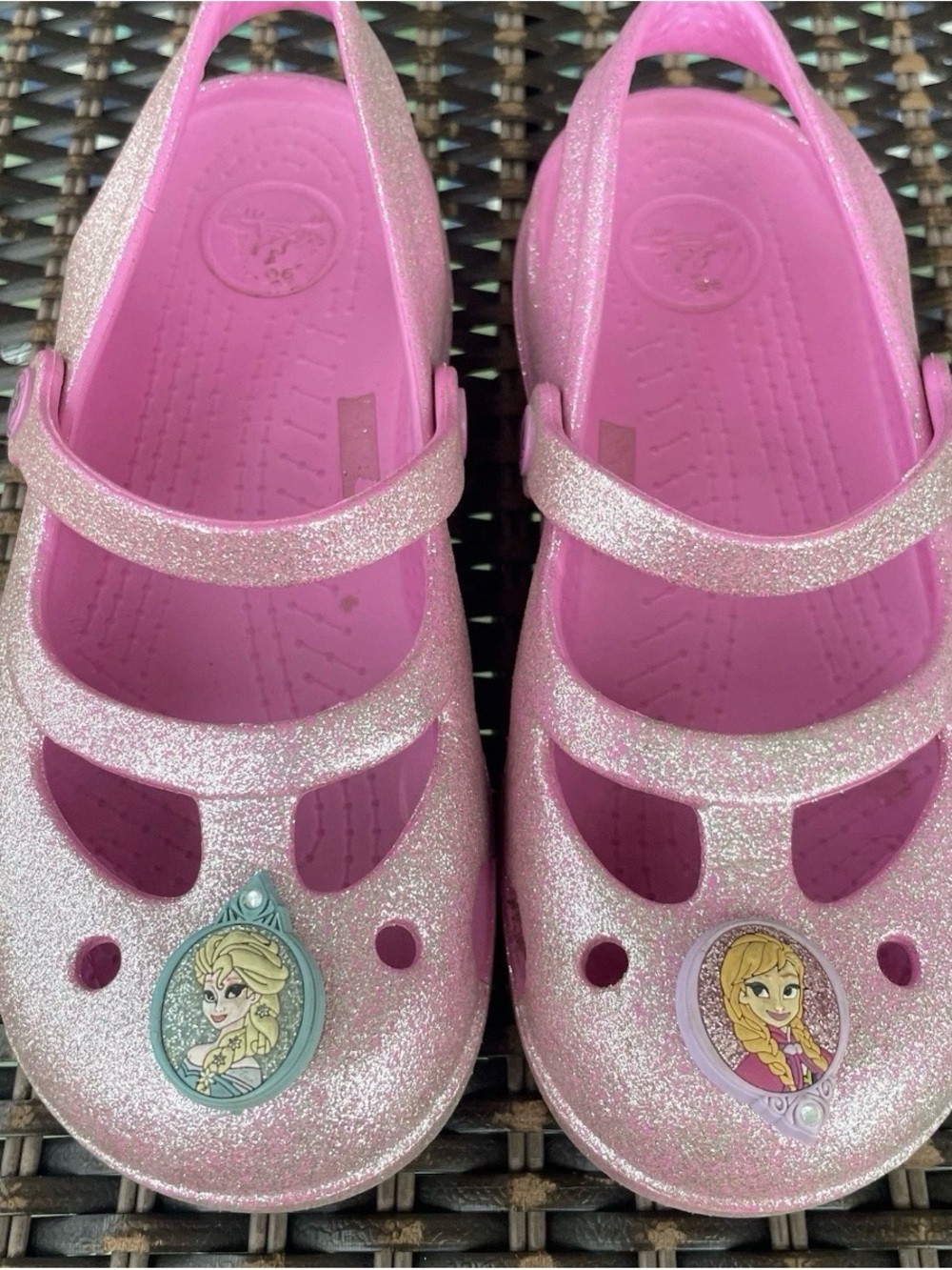 Crocs 13 Pink Glitter Shayna Mary Jane Slip On Flats Shoes Sandals EUC Sparkling